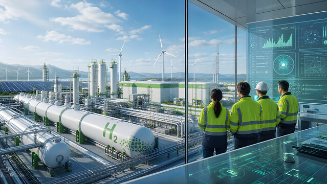 Green Hydrogen Production Facility &ndash; Renewable Energy Infrastructure with H2 Storage, Solar Power, and Wind Turbines