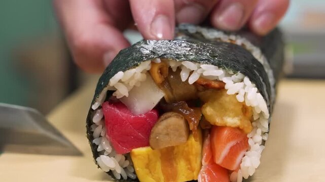 High-angle close-up shot of a professional chef using a sharp knife to slice a thick Ehōmaki sushi roll, revealing colorful layers of fresh salmon, tuna, tamagoyaki (egg omelet), and cucumber. This tr
