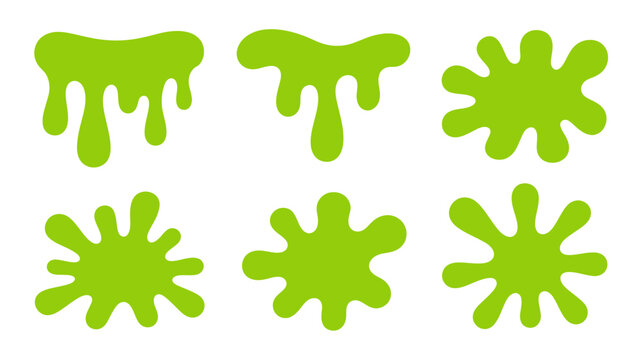 This image displays six vibrant green slime splatters arranged in a grid showcasing various organic flowing shapes and textures high quality professional detailed modern elegant stylish