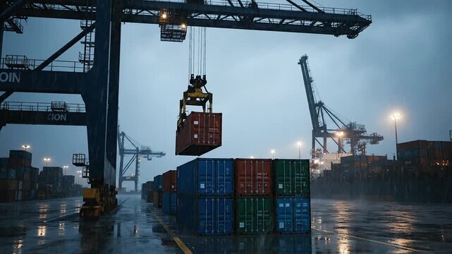 Industrial port at dusk with large crane lifting a shipping container onto a stack of containers, reflecting on wet ground.