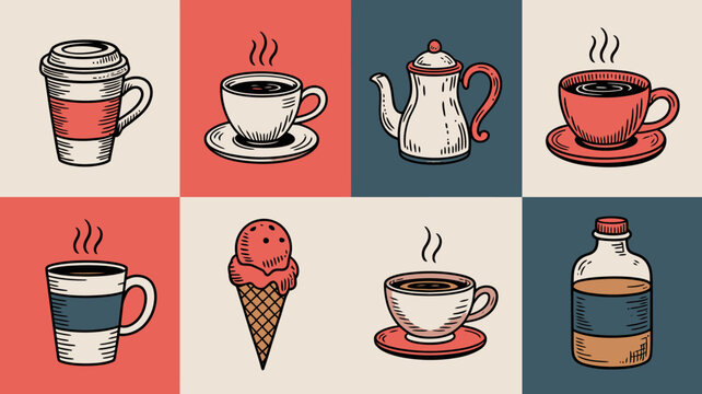 A colorful grid showcases various hot and cold beverages including coffee tea juice and a single scoop of vanilla ice cream high quality professional detailed modern