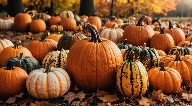 Orange, striped and white pumpkins sit on autumn leaves. Variety of gourds arranged outdoors in a field or garden. Fall harvest season backdrop.