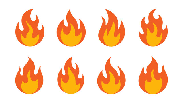 A collection of eight vibrant flame graphics is displayed against a stark white background showcasing variations in shape and intensity high quality professional detailed modern elegant