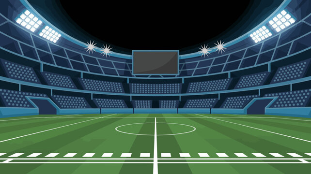 An illustration depicts a brightly lit soccer stadium at night showcasing tiered seating and a vibrant green playing field high quality professional detailed modern elegant stylish