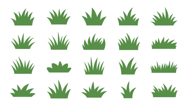 A collection of stylized green grass patches arranged on a plain white background showcasing various shapes and densities high quality professional detailed modern elegant stylish clean