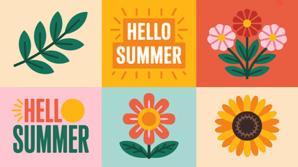 A vibrant geometric illustration depicts summer themes with stylized floral arrangements text and bright solid color backgrounds high quality professional detailed modern elegant stylish clean crisp © Iconhub