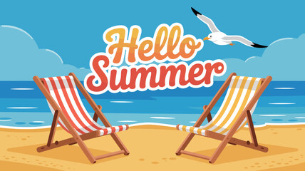 A vibrant illustration depicts a beach scene with two striped deck chairs and the cheerful greeting hello summer high quality professional detailed modern elegant stylish clean © Iconhub