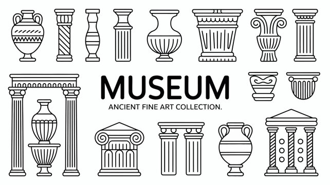 A collection of linear ancient greek and roman architectural elements including vases columns and pediments are displayed high quality professional detailed modern elegant stylish clean crisp