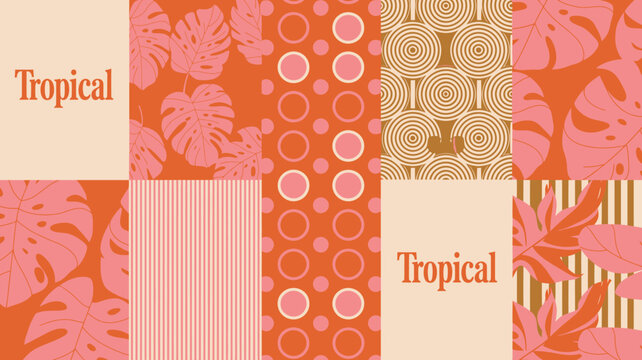 A vibrant patchwork of tropical themed patterns and colors including monstera leaves circles and stripes high quality professional detailed modern elegant stylish clean crisp colorful digital