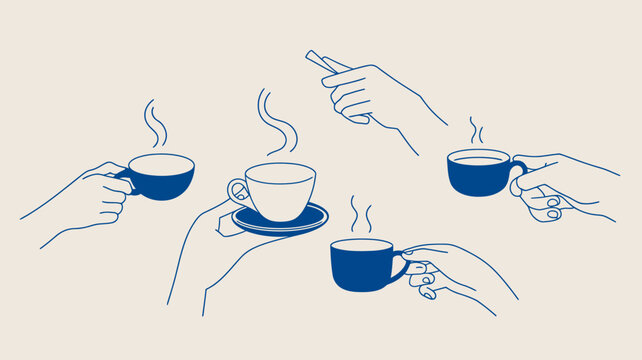 A minimalist illustration depicts four hands each holding a steaming cup of coffee or tea with a cigarette nearby high quality professional detailed modern elegant stylish