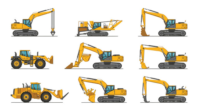 Collection of various heavy TOOLS and EQUIPMENT SET featuring yellow construction vehicles on a white background with a graphic and industrial style.