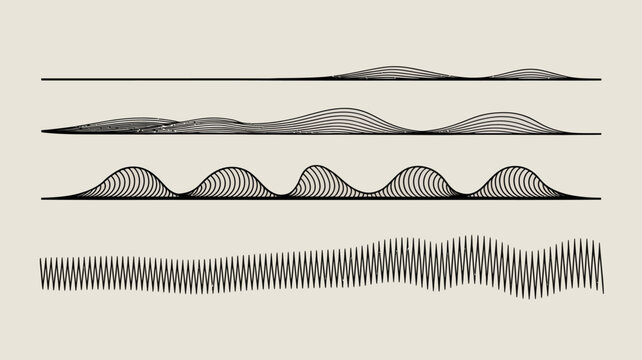 A series of black lines depict varying wave patterns transitioning from smooth sinusoidal curves to chaotic jagged lines high quality professional detailed modern elegant stylish clean