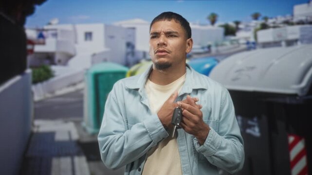 Man holding car keys to chest, wearing blue shirt, standing by recycling bins and dumpsters on a sunlit street; quiet contemplation.