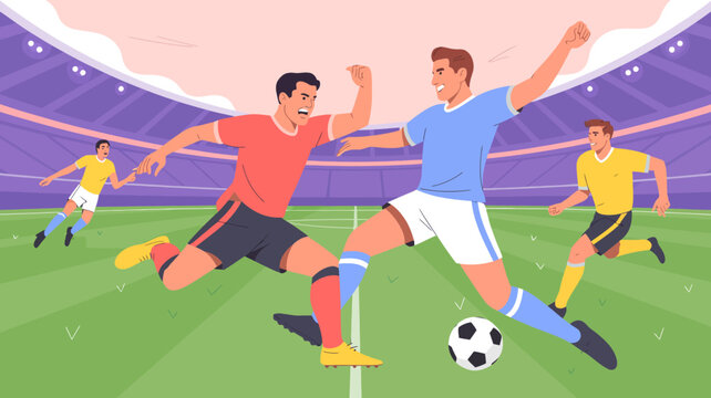 A dynamic illustration depicts a soccer game in progress with players actively competing for possession of the ball on a green field high quality professional detailed