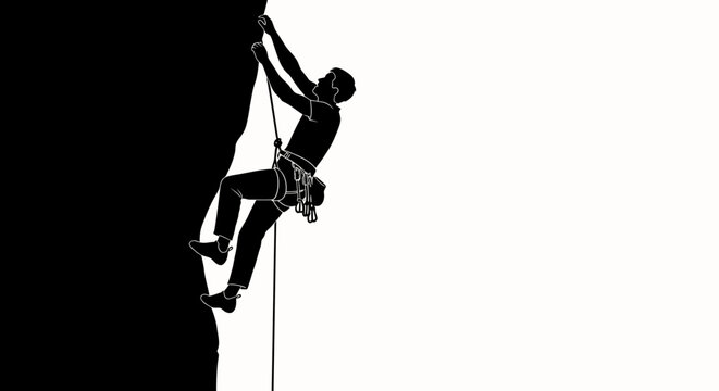 Silhouette of a person rock climbing up a sheer cliff face.