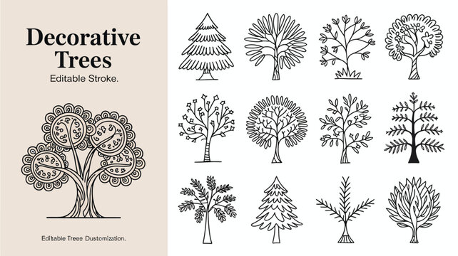 A collection of decorative trees in black and white line art showcasing various styles and editable stroke features for customization high quality professional detailed modern elegant