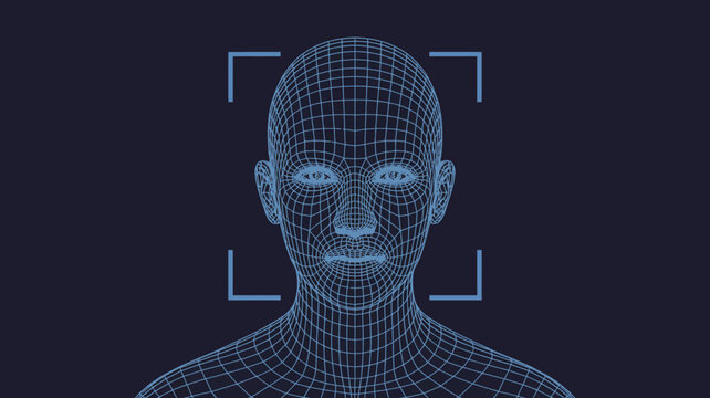 A blue wireframe rendering of a human head and shoulders is presented against a dark navy background showcasing facial recognition technology high quality professional detailed modern