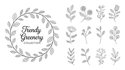 Naklejka premium A collection of delicate hand drawn botanical illustrations featuring various leaves branches and floral elements in black and white high quality professional detailed modern elegant stylish