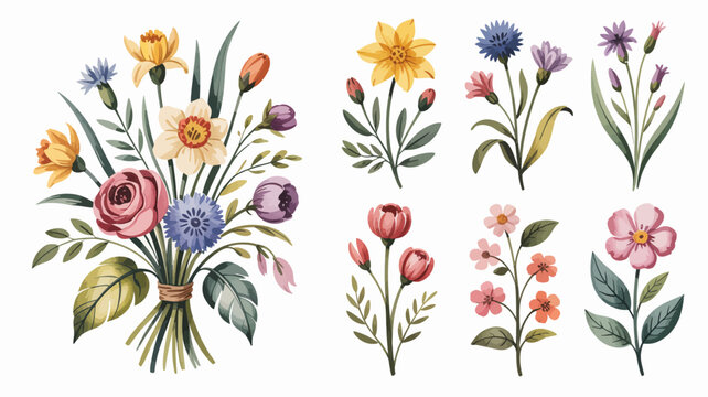 A vibrant collection of watercolor flowers including roses daffodils and cornflowers arranged in delicate bouquets and individual stems high quality professional detailed modern elegant stylish clean