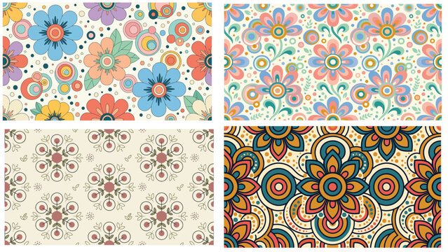 Colorful geometric floral pattern with seamless vector design featuring leaves and blooms, ideal for wrapping, printable backgrounds, and decorative surfaces.