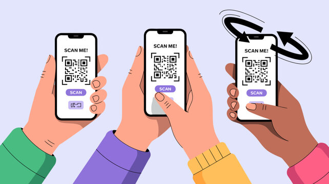 Three hands are depicted holding modern smartphones displaying qr codes and scan buttons suggesting digital interaction and technology use high quality professional detailed elegant stylish clean