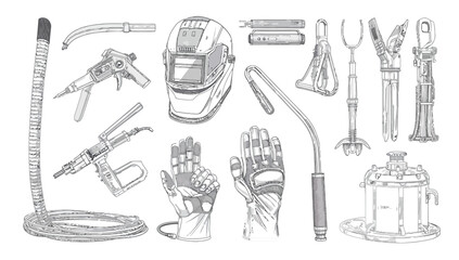 A set of various tools and equipment for industrial or technical use, including a welding helmet, gloves, and handheld devices, arranged on a clean white background in a detailed line © UMI