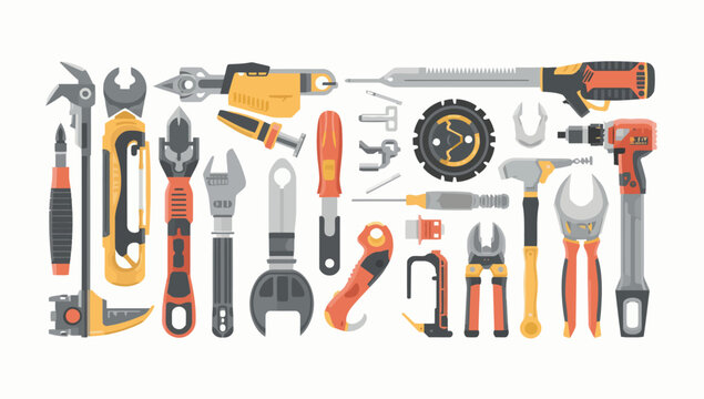 Flat lay of various TOOLS and EQUIPMENT SET against a clean white background, showcasing a collection of hardware and DIY tools.