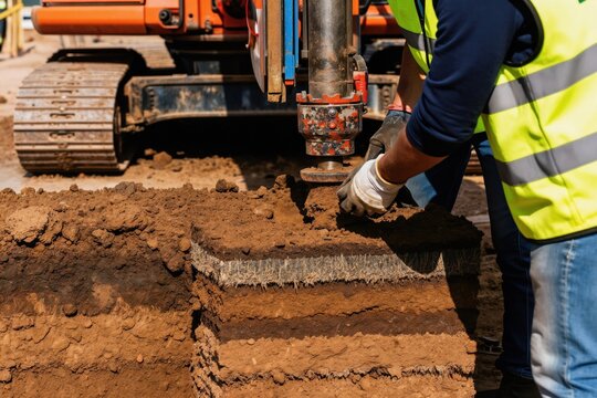 Worker uses drill rig to extract soil core sample. Layers of earth visible in cut soil column. Geotechnical engineer checks subsurface for foundation assessment. Construction site work in progress.