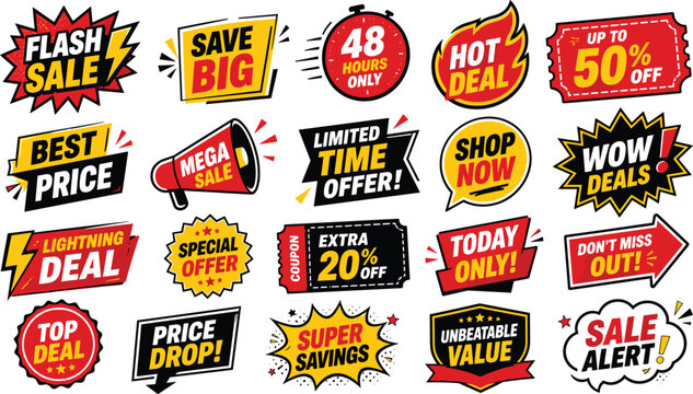 Dynamic comic style sale badges bundle with bright colors and energetic shapes for urgent retail advertisements.