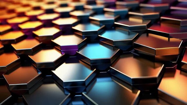 A detailed look at a dynamic hexagonal pattern with shifting colors and light. The close-up reveals different angles and interactions in design and structure.