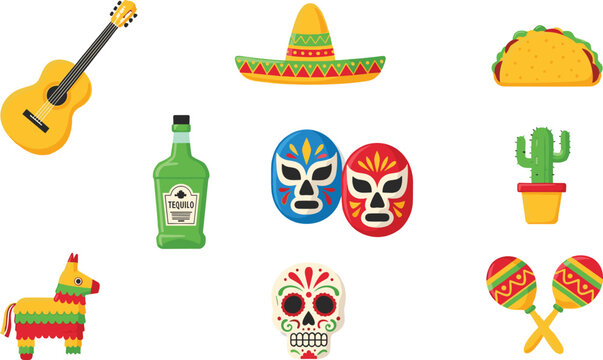 Mexican culture and fiesta celebration set with guitar sombrero taco tequila luchador masks pinata sugar skull maracas and cactus isolated on white background vector illustration
