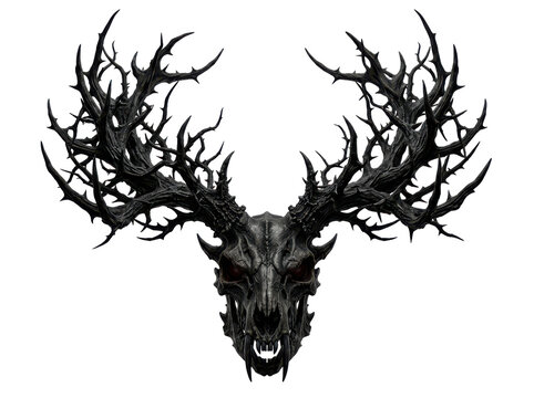 A spooky, thorny deer skull with menacing antlers, rendered in a dark, gothic style against a stark white background.