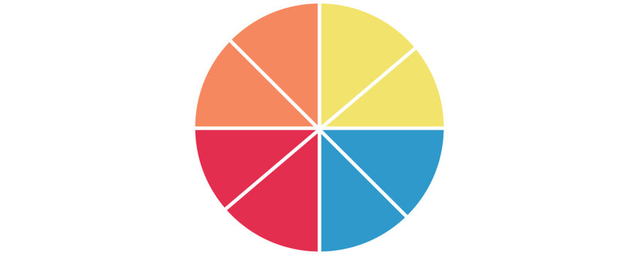 Circle division infographic icon set. Pie chart divided 4,5,6 equal parts. Color pizza or donut round diagram. Infographic wheel segment and fraction. Vector illustration isolated on white background.