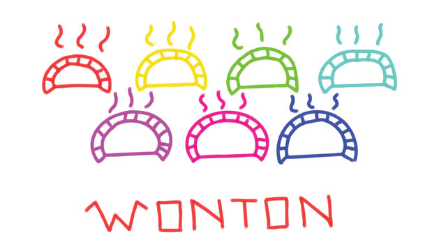 Collection of colorful crayon box crab fish wonton dumpling illustrations in crayon nobody doodle style on transparent background. Perfect for food themes, Asian cuisine, and creative designs