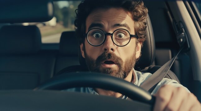 Man with glasses shows surprise while driving vehicle. Curly hair, wide eyes, open mouth. Driver focused on road ahead. Fast movement excitement thrill adventure fun.