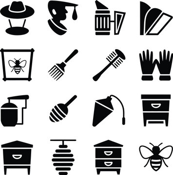 Collection of black and white for beekeeping and honey production apiary hive