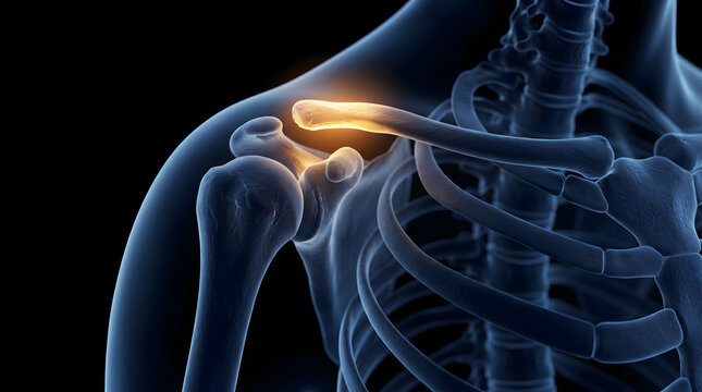 3D medical illustration of a human skeleton showing shoulder pain with a glowing highlight on the clavicle and acromioclavicular joint.