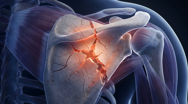 3D anatomical illustration showing a severe fracture of the scapula bone in the human shoulder with glowing pain highlights and muscle detail.