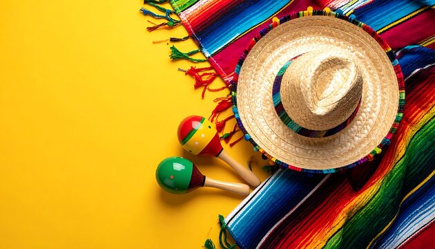 Vibrant serape blanket with sombrero and maracas on yellow
