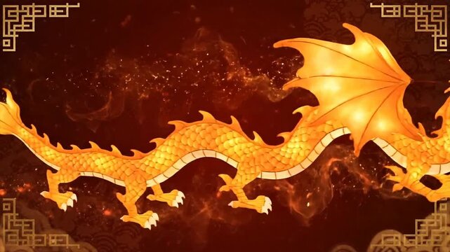 Golden Chinese Dragon Flying on Red Background with Traditional Ornaments, Lunar New Year Celebration.