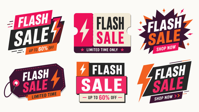 Flash sale banners and tags for shop promotions up to sixty percent off limited time offers and big savings.