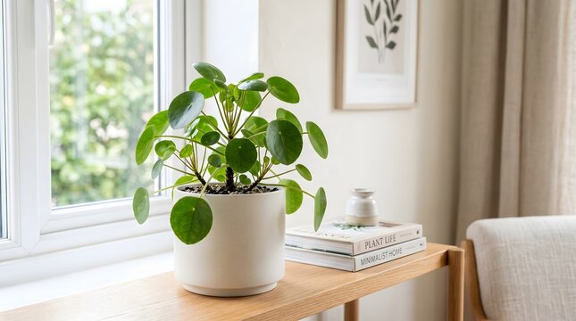 Pilea Peperomioides Plant in Modern Pot Indoor 03