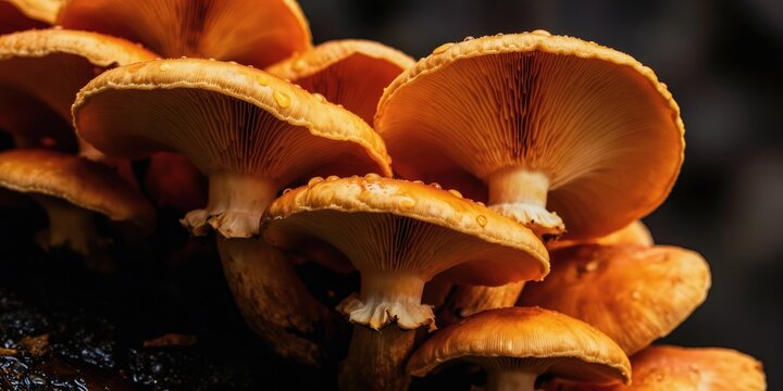 Group of glistening saffron milk cap mushrooms with water drops on dark wet surface. Orange fungi caps and stems show texture. Autumn harvest in forest floor.