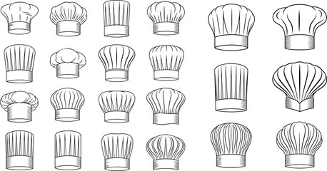 Chef hat and toque collection with various styles and designs in black and white hand drawn sketch style isolated on white background for restaurant kitchen and culinary vector illustration set