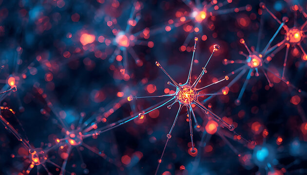 A vibrant network of interconnected neurons with glowing red and blue connections on a dark background representing advanced technology and artificial intelligence concepts