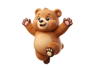 Fototapeta premium A happy, cartoon-style teddy bear with outstretched arms, jumping playfully with a joyful expression against a clean white background.