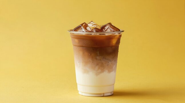 Iced mocha coffee in a clear plastic cup with ice cubes on top. Layers of milk coffee and espresso create a gradient. Served cold on a bright yellow background.