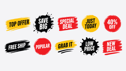Grunge brush stroke sale labels set featuring bold typography and ink splatters for creative promotional designs. © Emongrapic