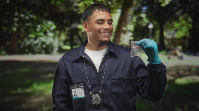 Man wearing police badge holds small evidence bag with a bullet cartridge in a forest park, gloved hand raised and smiling; investigation professionalism duty.