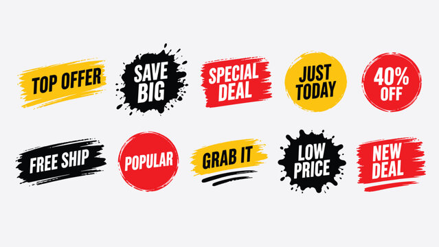 Grunge brush stroke sale labels set featuring bold typography and ink splatters for creative promotional designs.